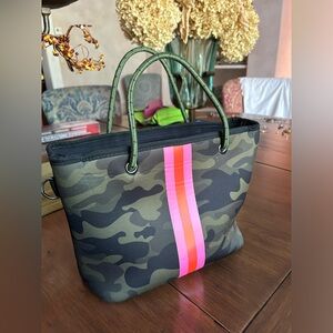 Haute Shore Camo Green & Hot pink and orange tote bag with matching clutch